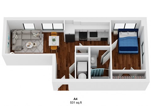 Floor plan for 1 bed, 1 bath, 783 sqft